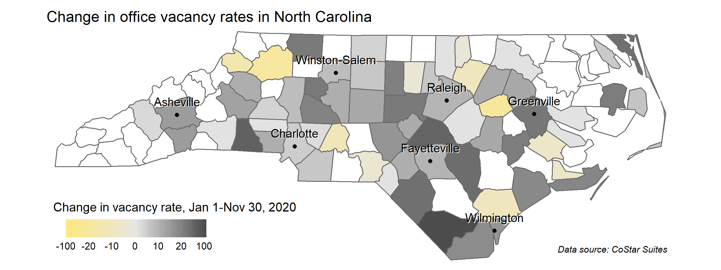 A map of North Carolina's counties showing the change in office vacancy rates for each county, with a few decreases represented in green and mostly increases represented in gray.