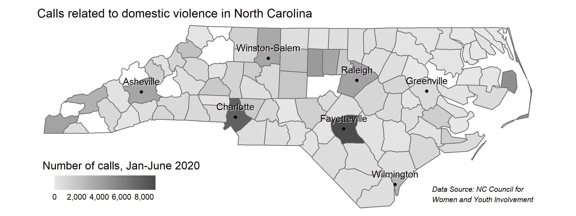 A map displaying the raw volume of calls regarding domestic violence in each of North Carolina's 100 counties.