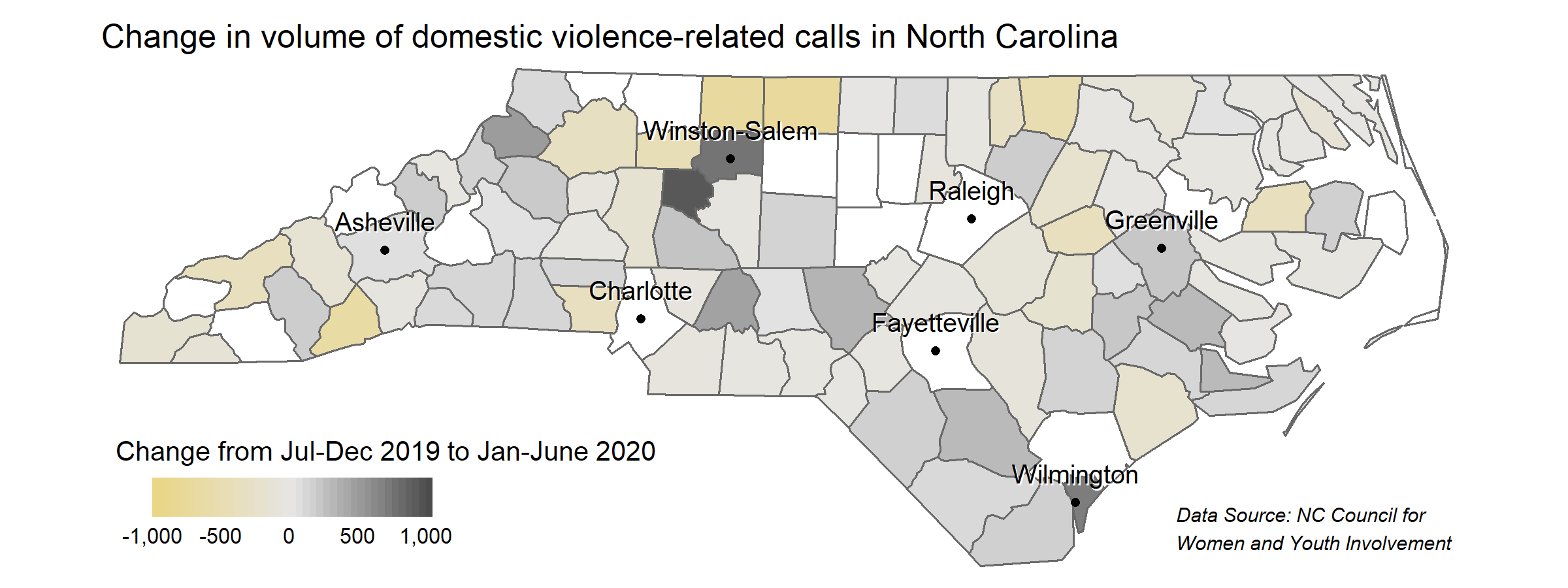 A map displaying the decrease in call volumes regarding domestic violence between two reporting periods, by North Carolina counties. The compared reporting periods are July through December 2019 and January through July 2020.