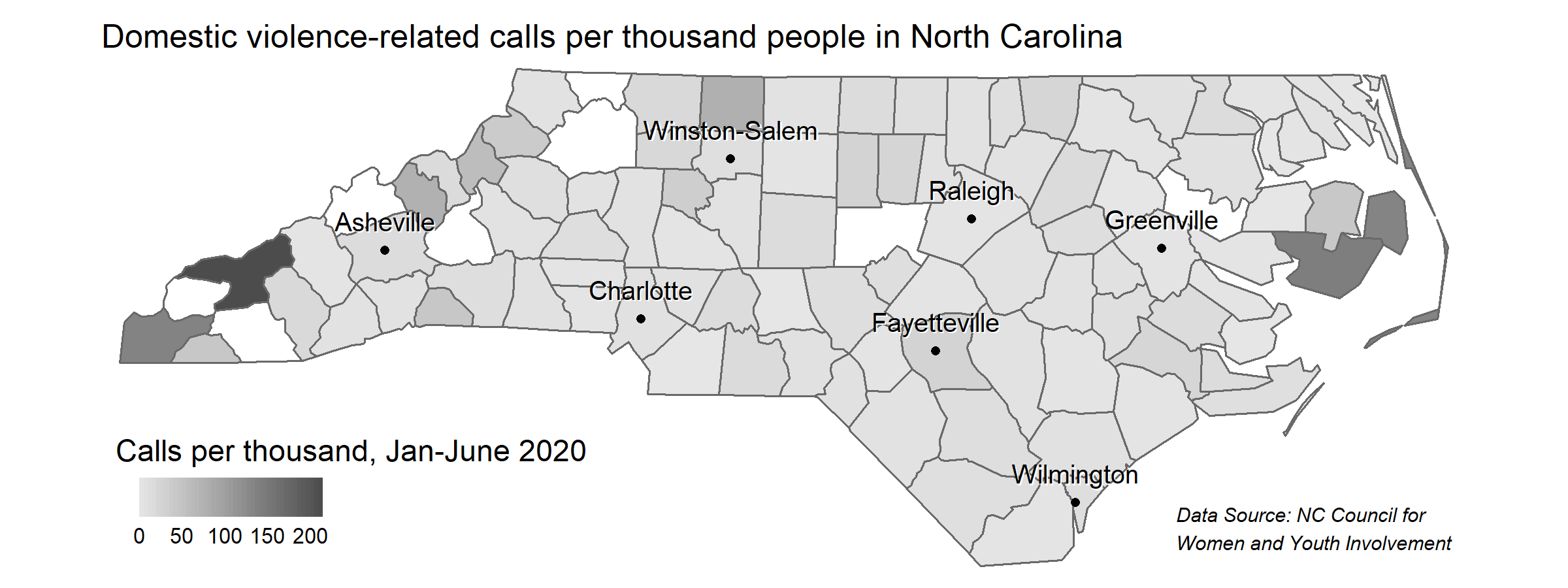 A map displaying the amount of calls regarding domestic violence in North Carolina by county, per 1,000 people.