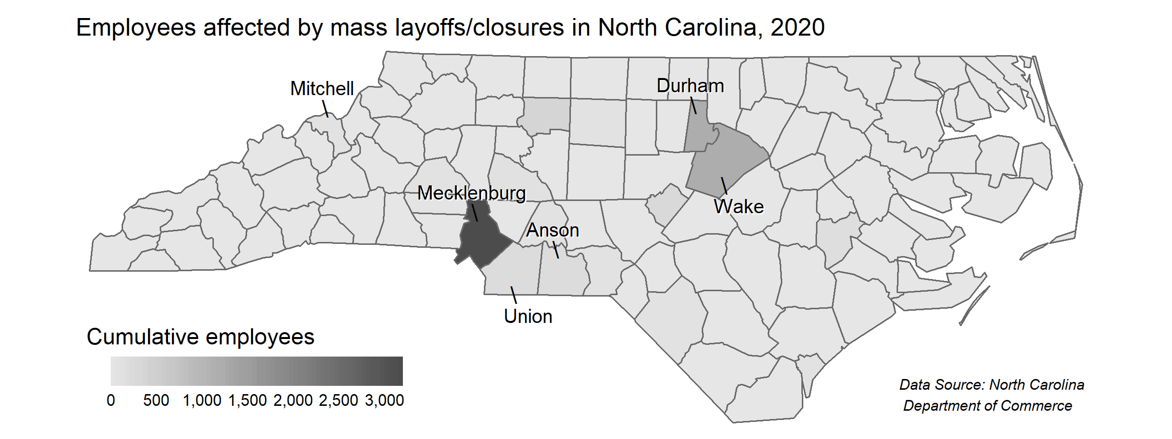 Figure 2: Map of North Carolina counties with total employees affected by mass layoffs/closures. Durham, Wake, and Mecklenburg have the highest totals, represented in dark gray.