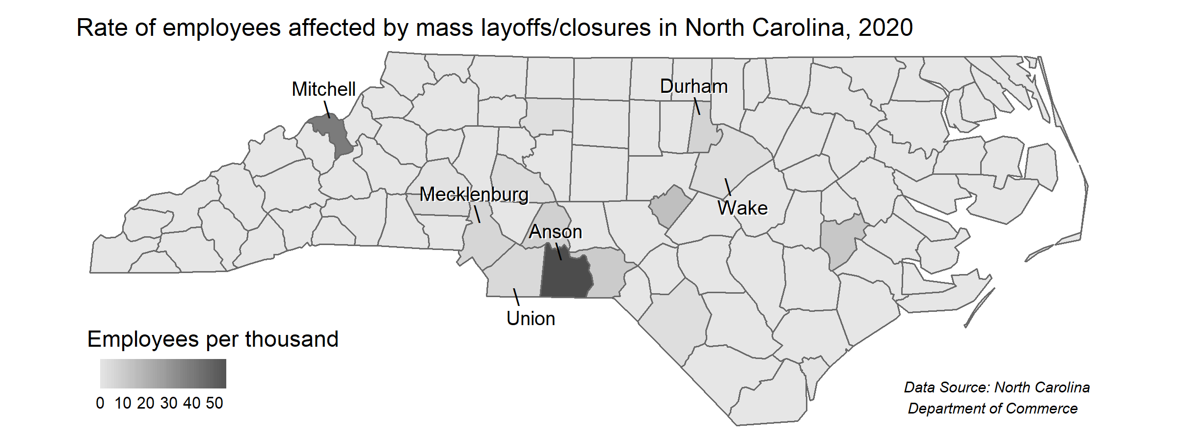 Figure 3: Map of North Carolina counties with the rate of employees per thousand affected by mass layoffs/closures. Anson and Mitchell have the highest totals, represented in dark gray.